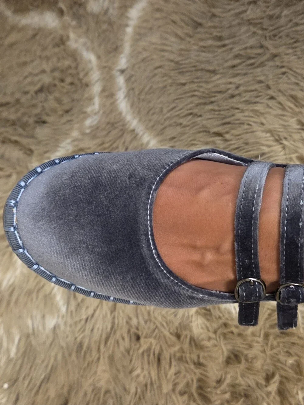 Women's Gray Velvet Double-Strap Mary Jane Flats